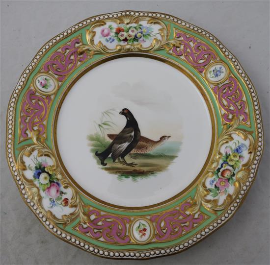 An English porcelain seventeen piece ornithological dessert service